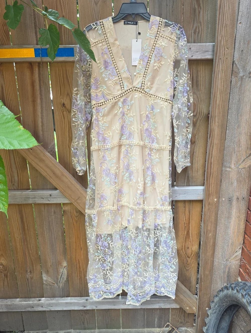 Sheer Embroidered Lace Maxi Dress in Beige with Lavender Accents